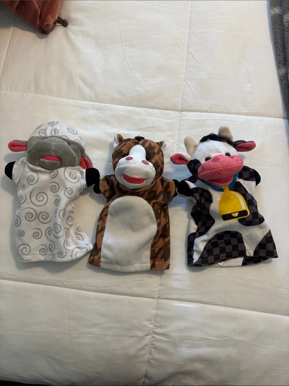 Set of 3 Plush Animal Hand Puppets - Cow & Friends